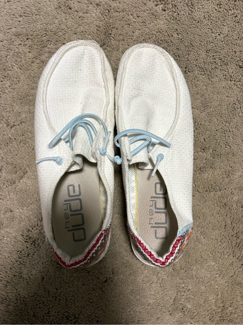 Hey Dude Women's White Slip-On Shoes with Light Blue Laces and Accent